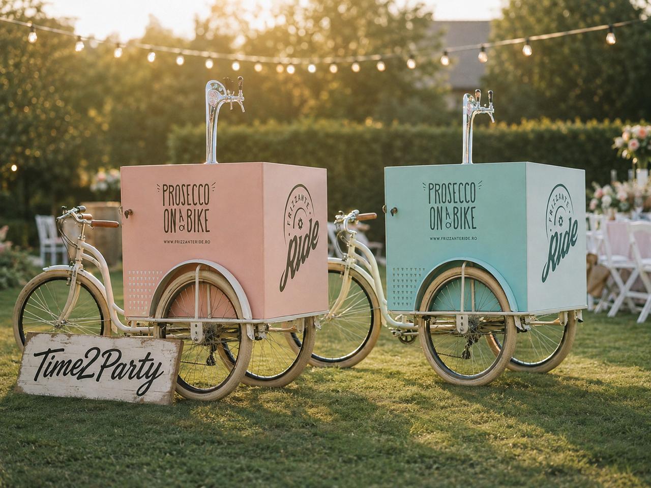Bicicletele Frizzante Ride, in roz si bleu ciel, pregatite la un eveniment in gradina, langa placuta Time2Party